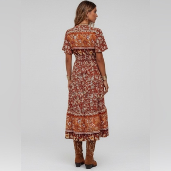 Boho Western Floral Print Butterfly Sleeve Ruffle Hem Dress - Picture 4 of 6